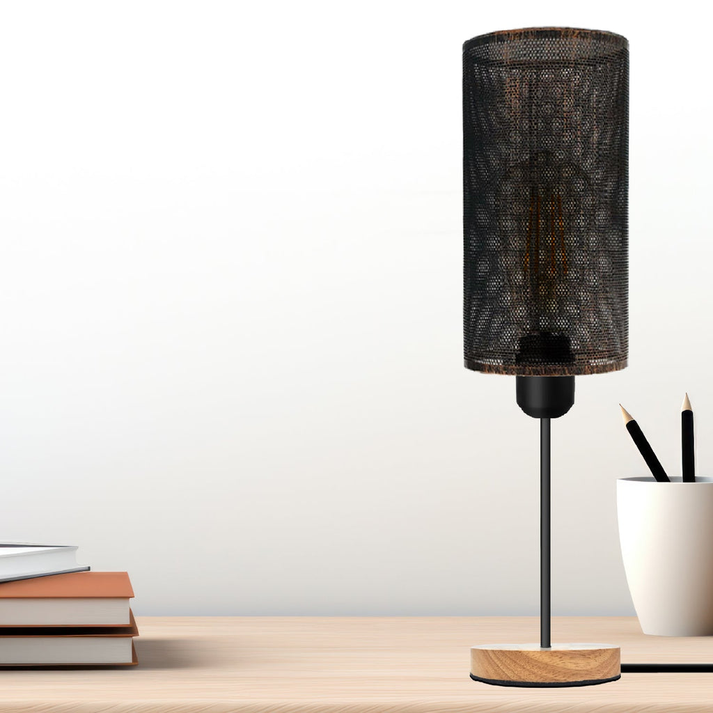 Industrial Barrel Cage Table Lamp with Wood Base