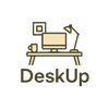 Logo of 'DeskUp' with a desk setup illustration on a white background